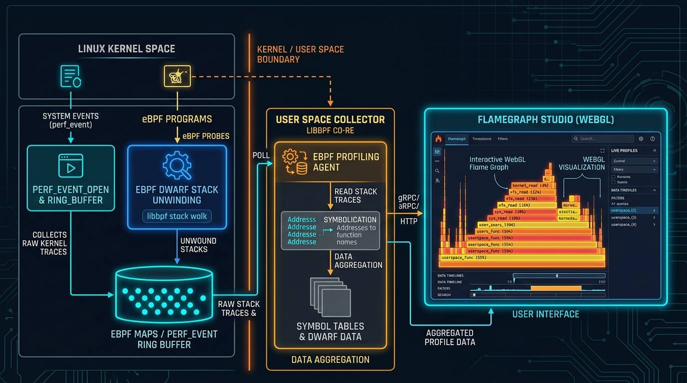 Continuous eBPF Kernel Profiler & FlameGraph Studio Architecture Flow